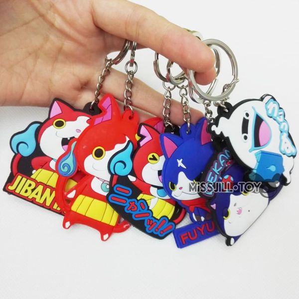 

keychains 5pcs fashion jewerly pendant yo-kai watch jibanyan whisper dekanyan fuyunyan figure doll toy keychain keyring for gift, Silver