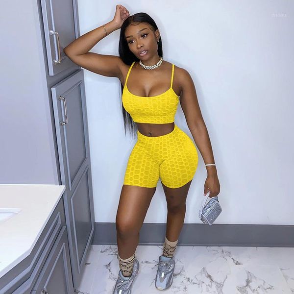 

women's tracksuits women summer tracksuit solid color pineapple grain spaghetti straps crop high-waist shorts set female clothes 2pcs, Gray