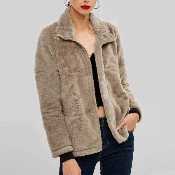 

women's jackets women autumn winter zipper plush fleece solid color hooded casual loose fashion vintage cardigan coat manteau femme, Black;brown
