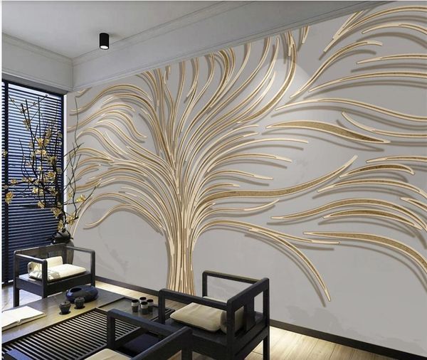 

Beautiful room wallpaper light luxury hand-painted creative tree golden embossed wallpapers line background wall, As show