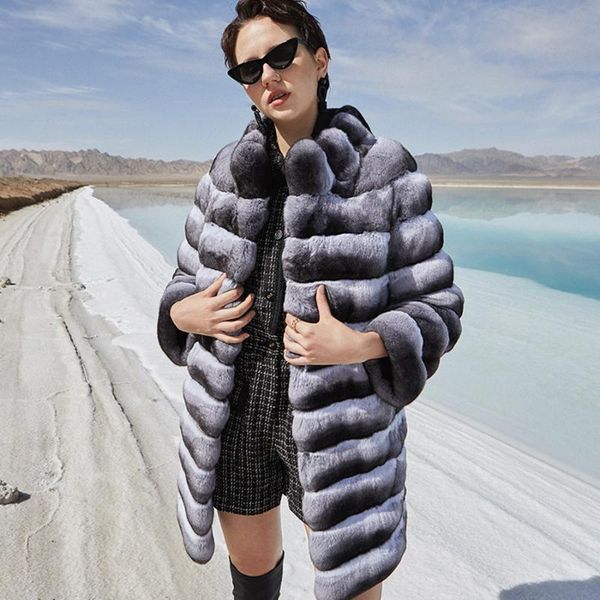

women's fur & faux mid-long coat winter jacket women real rex outwear 2021 trendy, Black