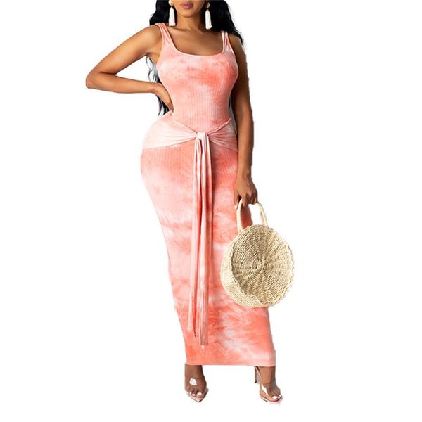 

casual dresses women summer sleeveless tie dye beach holiday leisuire dress 2021 ladies street club home belted vestido, Black;gray