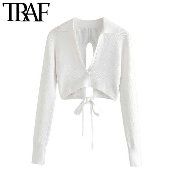 

traf women fashion deep v neck cropped knit sweater vintage backless with bow tied female pullovers chic 210922, White;black
