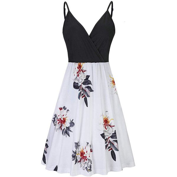 

exy summer dress 2021 women casual bohemian floral print sleeveless slim beach dress chiffon v-neck boho dress d8kx, Black;gray