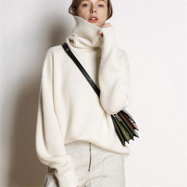 

women's sweaters fashion autumn and winter cashmere sweater high neck thickened loose pullover lazy large knitted, White;black