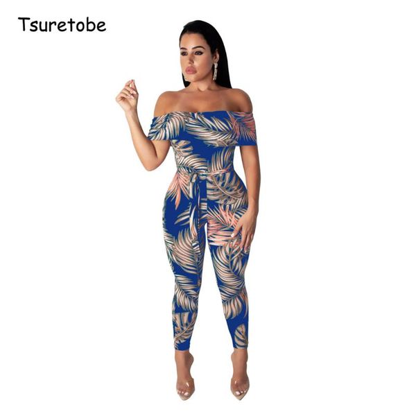

women's jumpsuits & rompers tsuretobe fashion strappy leaf printed jumpsuit slash neck women high waist romper strapless bodycon overal, Black;white