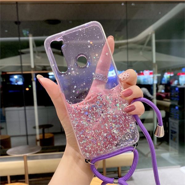 Glitzer -TPU -Fälle für Xiaomi Redmi Note 9s 9 S 8t 8 T 7 Pro 8a 7a K30 10x Mi 9t 10 Lite Paillettenabdeckung+Crossbody Lanyard Neckriemen