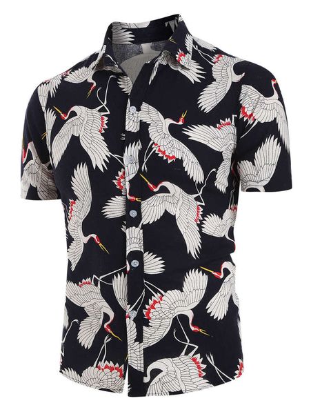 

summer men's casual short sleeve white crane printed shirt, White;black