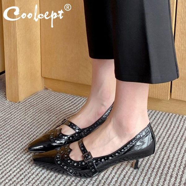 

dress shoes coolcept women pumps round toe buckle cut-out thin heel slip on party female footwear size 33-40, Black
