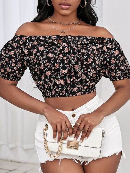 

sxy floral print off shoulder knot front crop z2o9#, White