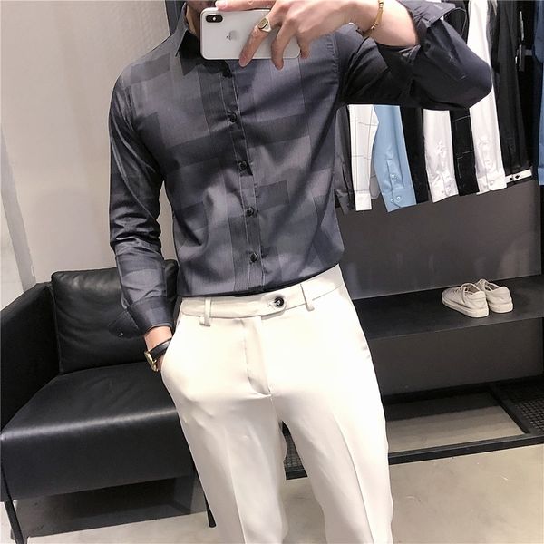 

new alta qualidade simples padro geomtrico dos homens vestido camisas de manga longa moda 2021 primavera nova magro ajuste formal wear 2uae, Black;brown