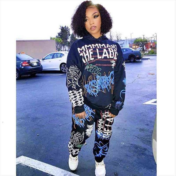 

plus size aesthetic letter womens pants print 2 piece tracksuits set full sleeve hoodies pencil joggers matching sets, White