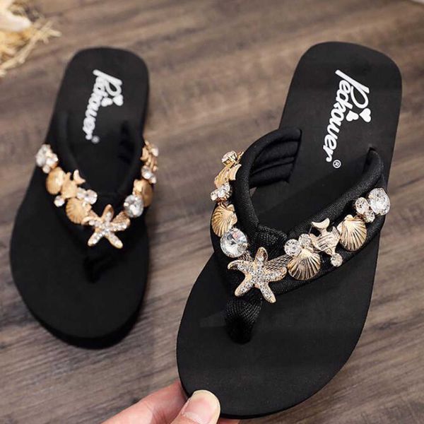 

children beach flip flops summer outdoor slippers sandals parent-child fashion metal decoration girl footwear sh273 210712, Black;grey