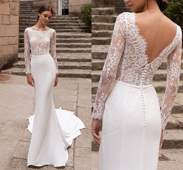 Sexy Boho Lange Brautkleider 2021 Spitze Top Meerjungfrau Hochzeitskleid Rückenfreies Brautkleid Türkei Robe de Mariage