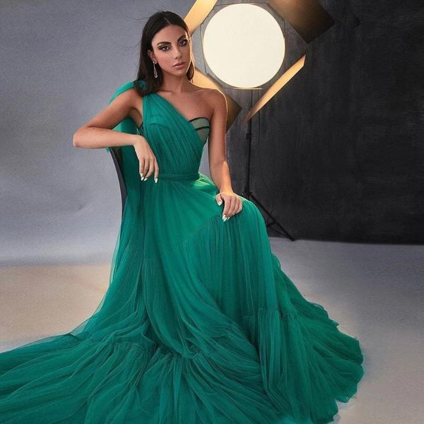 

party dresses elegant a-linetulle prom dress sweetheart one shoulder pleats evening sweep train gowns, White;black