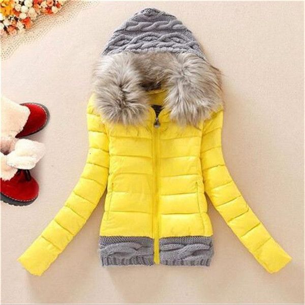 

new fashion winter womens hooded fur collar knitted wool stitching color matching slim down cotton padded jacket coat outwear, Black