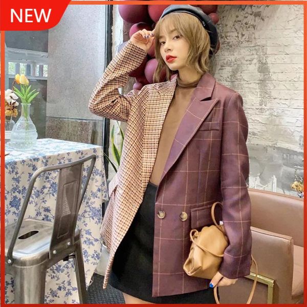 

trend design outerwear hit color women blazer 2021 spring autumn new long sleeve patchwork plaid loose coat korea, White;black