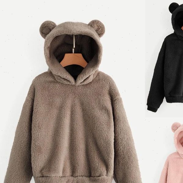 

sudaderas women sweatshirt womens long sleeve fleece sweatshirt warm bear shape fuzzy hoodie pullover women sweatshirt 40, Black