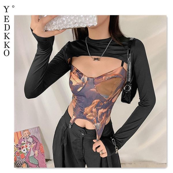 

women's t-shirt black fashion long sleeve spring streetwear casual patchwork slim and thin + printed t-shirt/2pcs, White