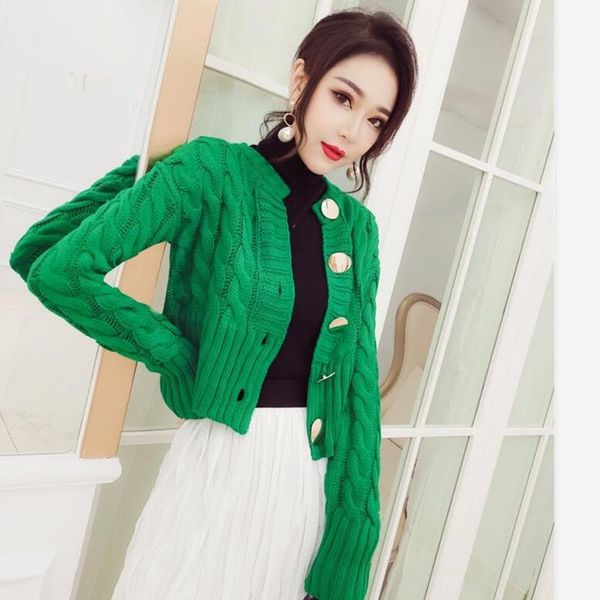 

women's sweaters autumn winter 2021 o neck short cardigan rough knit twist casual sweater women metal button temperament knitted outwea, White;black