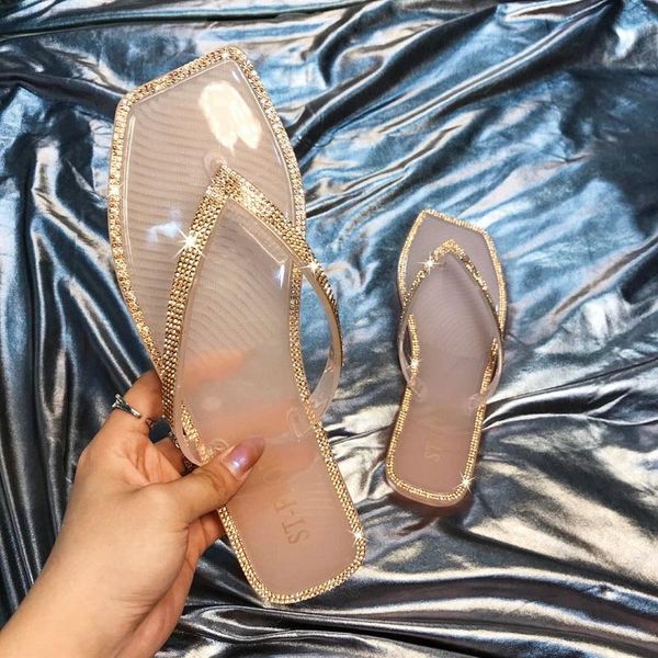 

sandals women sandaleas de mujer rhinestone square head flat bottom crystal jelly flip-flops fashion beach female, Black