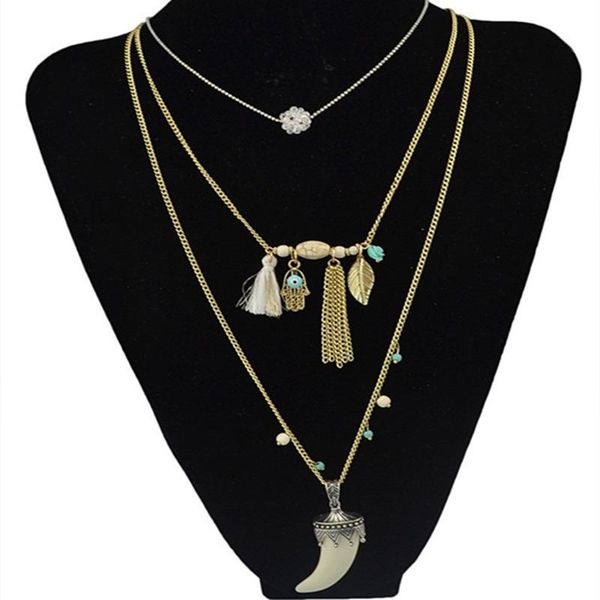 

chains 2022 female jewelry wholesale turquoise tassel necklace multi-level bohemian wolf tooth women, Silver