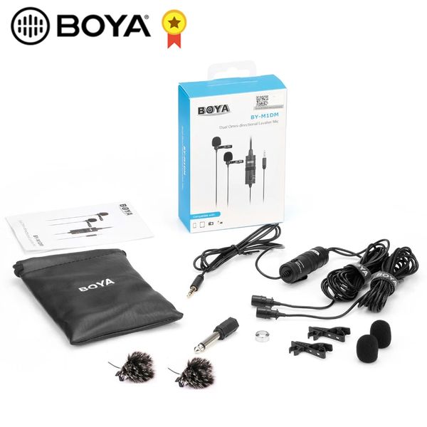 BOYA BY-M1DM BY-M1 Microfone com cabo Dual-Head Lavalier Lapel Clip-on Canon Nikon DSLR Camcorders Smart Phone Gravação