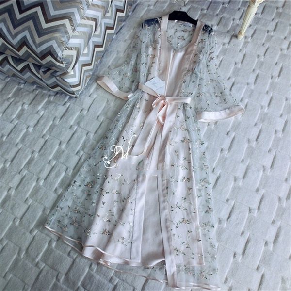 

new women pajamas bathrobe pink nightdress floral embroidered 3/4 sleeve long robe & gown sets gauze sleepwear nightwear 210203, Black;red