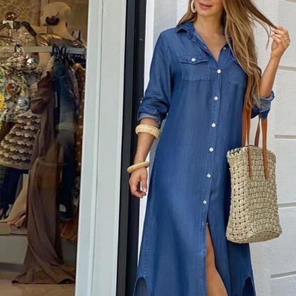 

autumn long dress long sleeve shirt dress women character print pockets side split button maxi loose casual shirt dress, Black;gray
