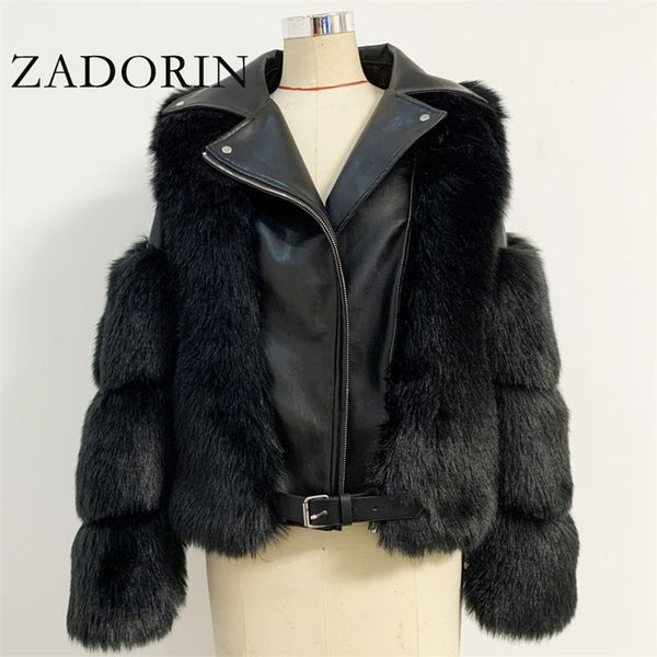 

zadorin fashion luxury faux fur coat motorcycle pu leather turn down collar warm faux fur jacket women winter 210910, Black
