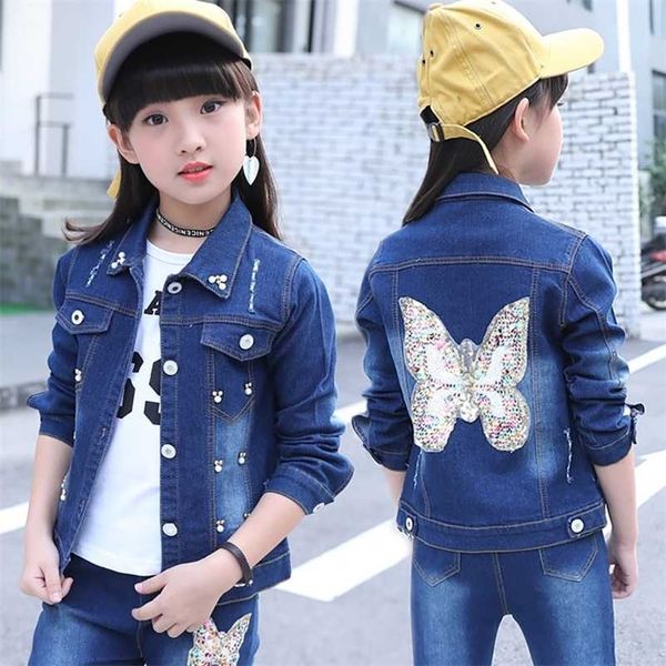 

vogueon girls denim jacket cardigan coat kids jeans outwear butterfly embroidery sequins children clothing spring clothes 211204, Blue;gray