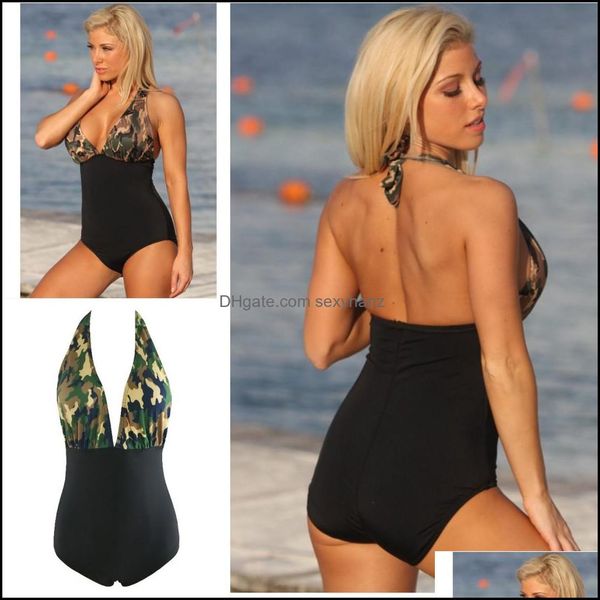 Womens Swimwear Roupas Vestuário Sexy Um Piece Mulheres Swimsuit Halter Top Camuflagem Impressão Praia Banheira Suits S L XL QP0206 Drop Ergand