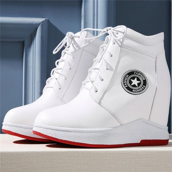 

boots casual shoes women lace up cow leather wedges high heel ankle female fashion sneakers chunky platform pumps, Black