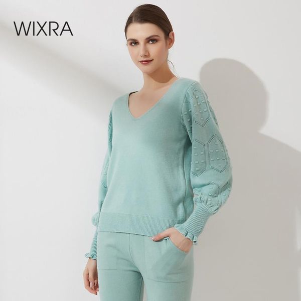

women's sweaters wixra women basic v neck full lantern sleeve sweater autumn winter soft loose jumpers female clothing, White;black