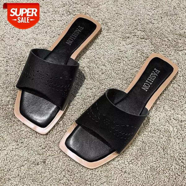 

summer genuine leather flat women slippers non-slip ladies slides solid hollow out sandalias mujer zapatillas mujer casa #2c4s, Black