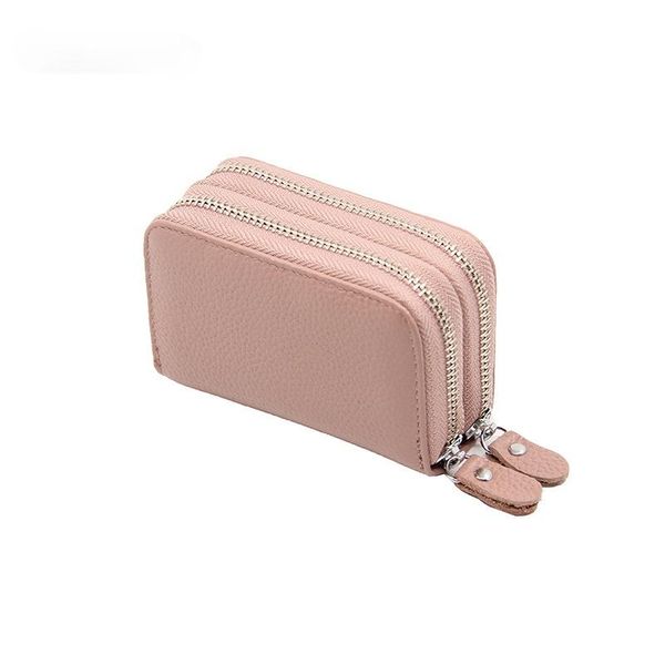 

card holders fashion double zipper cow leather litchi pattern slot bank credit holder business wallet small change package, Brown;gray