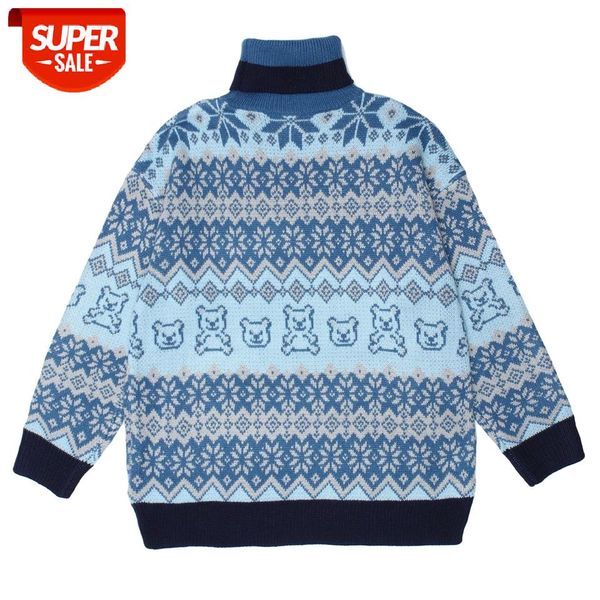 

hip hop retro men sweaters harajuku sweater pullover men bear snowflake knitted sweater 2020 winter street clothing #n331, White;black