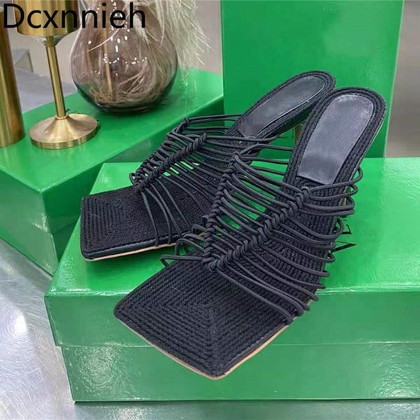 

designer women sandals slippers strappy mules hand crochet high heels woman stretch band hollow outs braid party shoes qn1m, Black