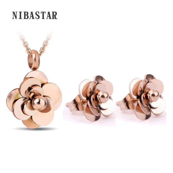 

earrings & necklace flower pendant for women jewelry sets fashion 316l stainless steel gold/rose gold color choker necklaces, Silver