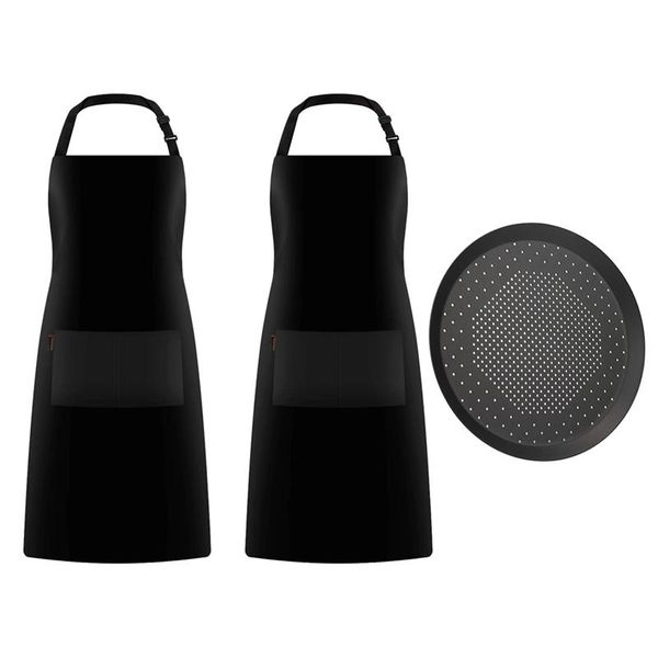 

aprons 2-pack black adjustable bib apron with pizza pan holes,9 inch crisper cooking pan,pizza tray