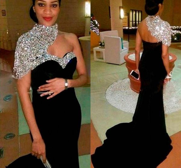 

2021 new bling elegant black long mermaid evening es high neck short sleeves crystal beaded formal prom gowns 03tn, Black;red