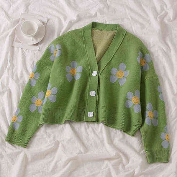 

women's korean style floral printing v-neck knitted cardigans female casual oversized all-match sweater  211117, White