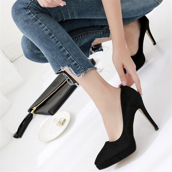 

dress shoes jianbudan elegant women's business office thin heels flock banquet 10cm high heel pumps shallow wedding, Black
