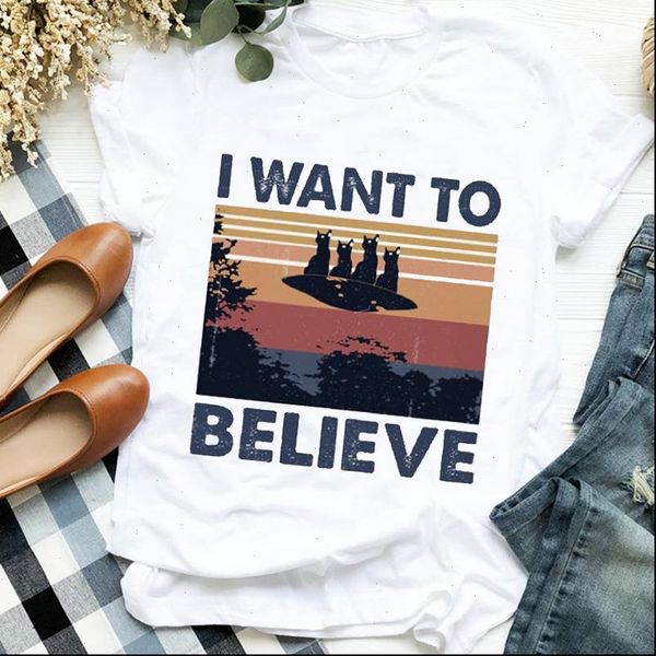 

women lady funny cat cartoon ufo fall halloween print t tee womens tshirt female shirt clothes graphic t shirt, White