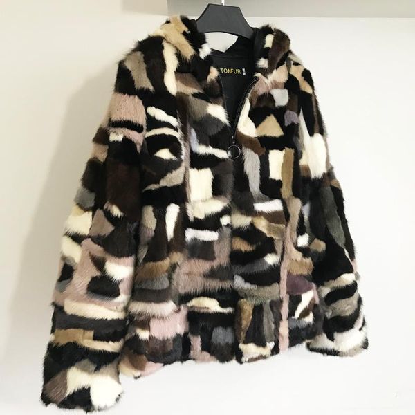 

women's fur & faux hooded thick warm winter luxury real genuine mink coat mixed patchwork colors jacket casual women natural clothes ts, Black