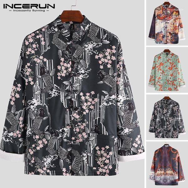 

men's casual shirts incerun vintage shirt men chinese style printed stand collar long sleeve button camisa retro tang suit s-3xl1, White;black