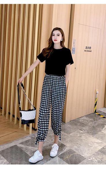 

women's t-shirt summer suit women short sleeve t - shirt + high waist hanging radish pants retro loose thin trend, White