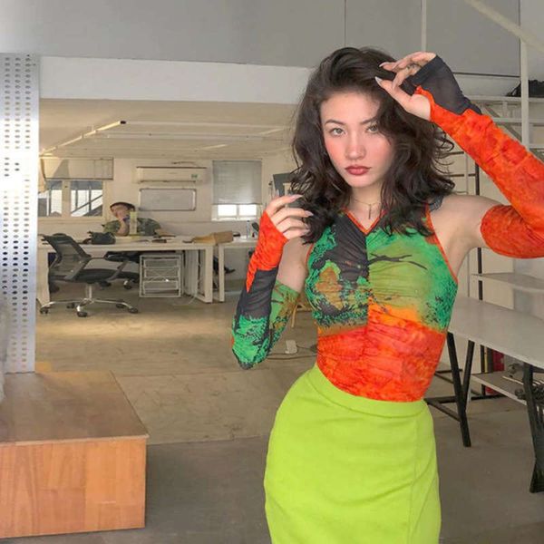 

spring / summer 2021 monsoon new women's ins fashion printed mesh slim t-shirt, Black;gray