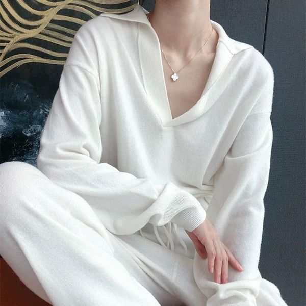 

wool knitted suit autumn / winter 2021 new collar slacks 2-piece set for women, White
