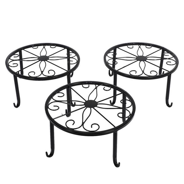 

hooks & rails 3 pack metal potted plant stand floor flower pot rack decorative garden container round supports (black)